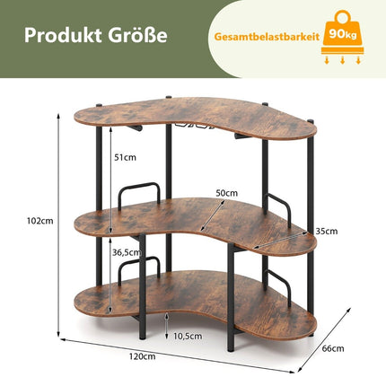 3-Tier Bar Table with Glass Holder & Metal Frame, Brown