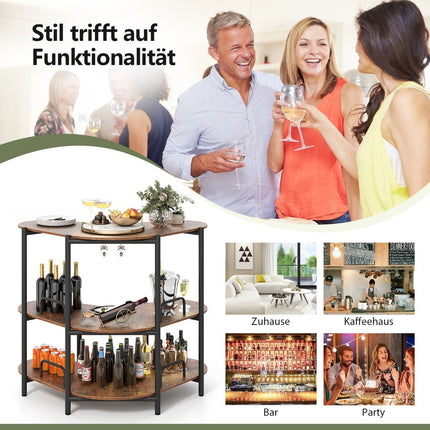 3-Tier Bar Table with Glass Holder & Metal Frame, Brown