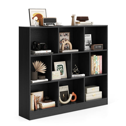 3-Tier Black Bookshelf with 10 Open Compartments