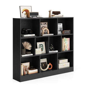 3-Tier Black Bookshelf with 10 Open Compartments