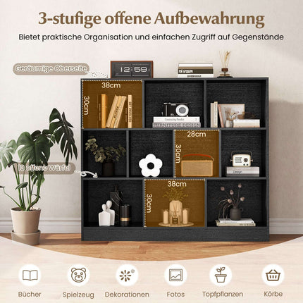 3-Tier Black Bookshelf with 10 Open Compartments