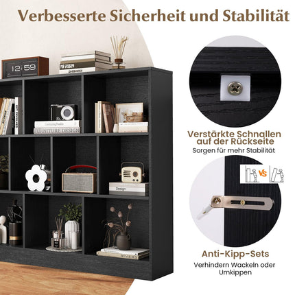 3-Tier Black Bookshelf with 10 Open Compartments