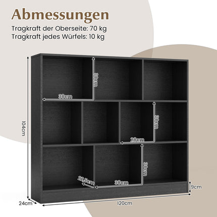 3-Tier Black Bookshelf with 10 Open Compartments