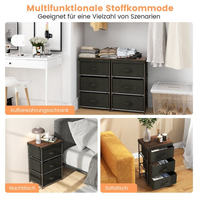 3-Tier Black Fabric Drawer Nightstand with Metal Frame