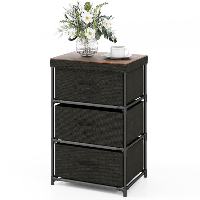 3-Tier Black Fabric Drawer Nightstand with Metal Frame