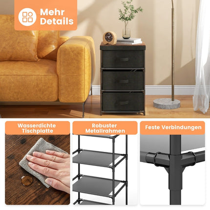 3-Tier Black Fabric Drawer Nightstand with Metal Frame