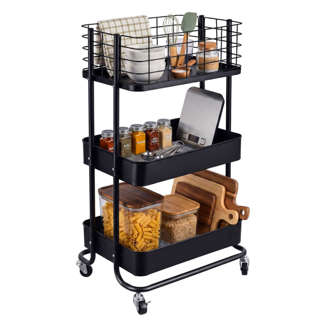 3-Tier Black Metal Rolling Storage Trolley