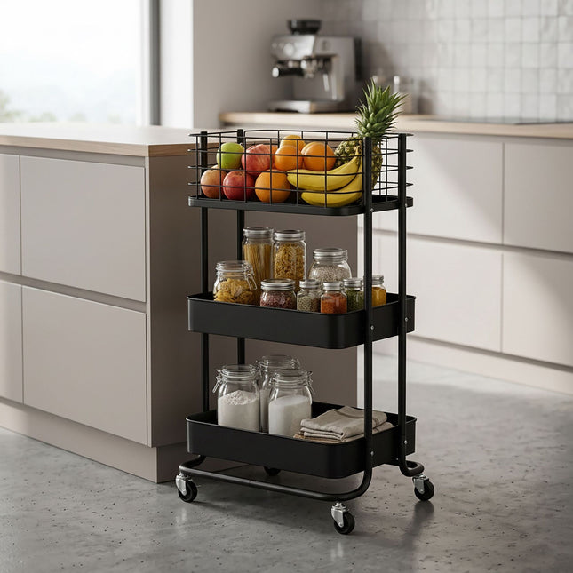 3-Tier Black Metal Rolling Storage Trolley