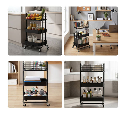 3-Tier Black Metal Rolling Storage Trolley