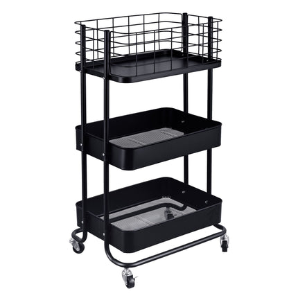 3-Tier Black Metal Rolling Storage Trolley
