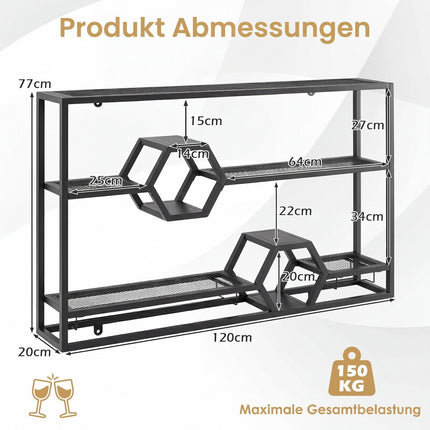 3-Tier Black Metal Wall Wine Rack with Glass Holder