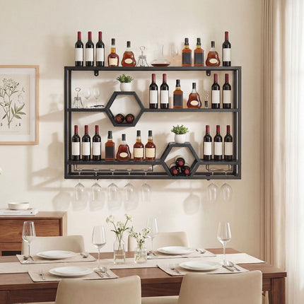 3-Tier Black Metal Wall Wine Rack with Glass Holder