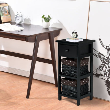 3-Tier Black Nightstand with Drawer and 2 Baskets