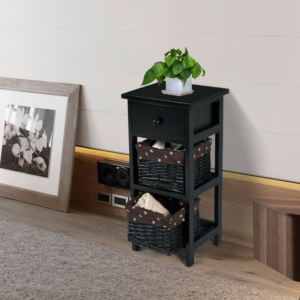 3-Tier Black Nightstand with Drawer and 2 Baskets