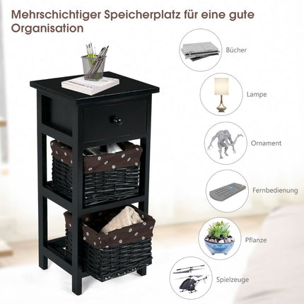 3-Tier Black Nightstand with Drawer and 2 Baskets