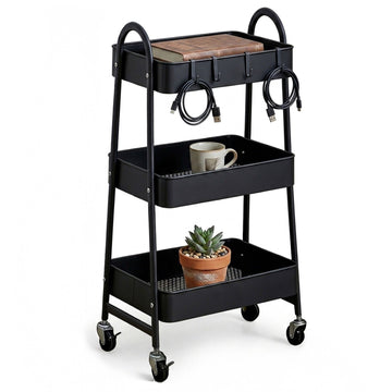 3-Tier Black Storage Trolley with Hooks & Wheels