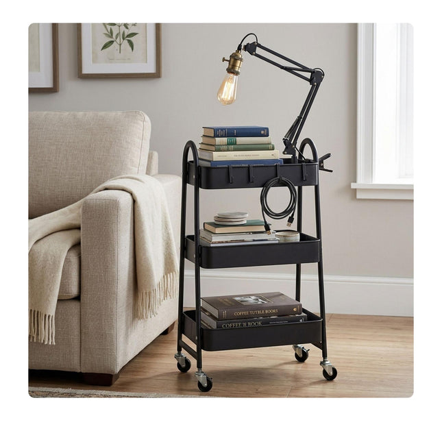 3-Tier Black Storage Trolley with Hooks & Wheels