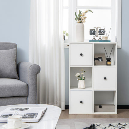 3-Tier Bookshelf, 3 Cubes, 3 Drawers, White