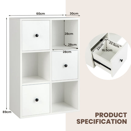 3-Tier Bookshelf, 3 Cubes, 3 Drawers, White