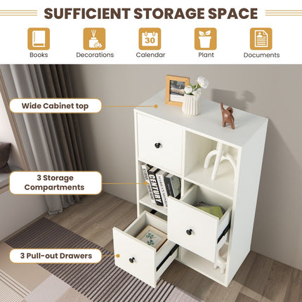 3-Tier Bookshelf, 3 Cubes, 3 Drawers, White