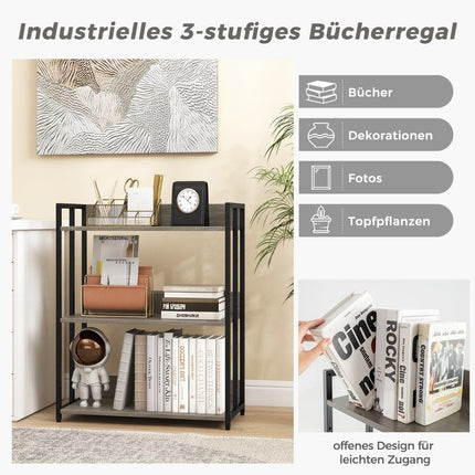 3-Tier Bookshelf, Adjustable Shelves, Metal Frame