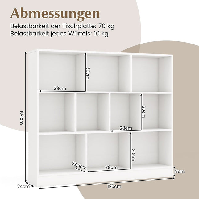 3-Tier Bookshelf with 10 Compartments, White, 120x24x104 cm