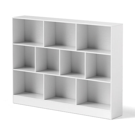3-Tier Bookshelf with 10 Open Compartments, White