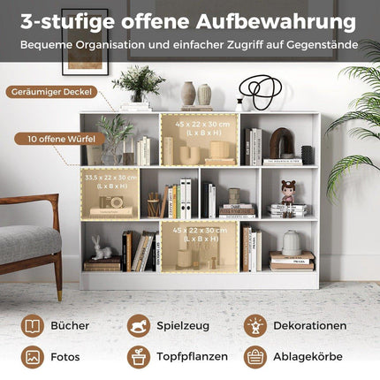 3-Tier Bookshelf with 10 Open Compartments, White