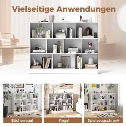 3-Tier Bookshelf with 10 Open Compartments, White
