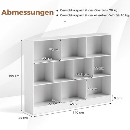 3-Tier Bookshelf with 10 Open Compartments, White