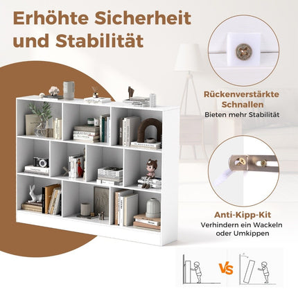 3-Tier Bookshelf with 10 Open Compartments, White