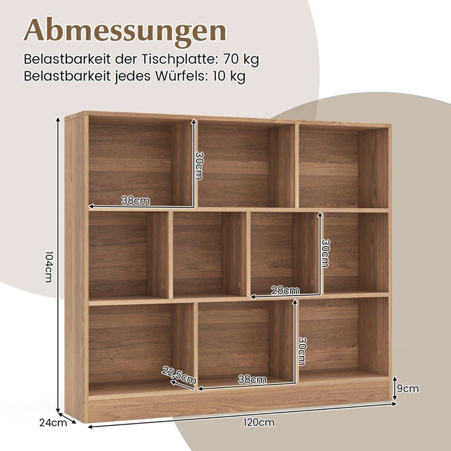 3-Tier Bookshelf with 10 Open Compartments, Wood, 120x24x104 cm