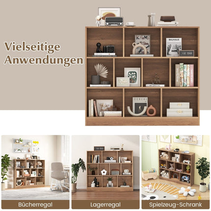 3-Tier Bookshelf with 10 Open Compartments, Wood, 120x24x104 cm