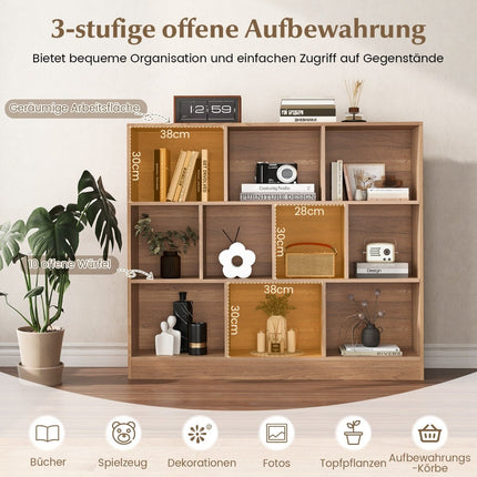 3-Tier Bookshelf with 10 Open Compartments, Wood, 120x24x104 cm