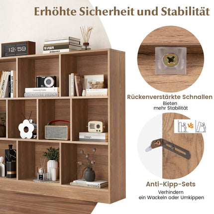 3-Tier Bookshelf with 10 Open Compartments, Wood, 120x24x104 cm