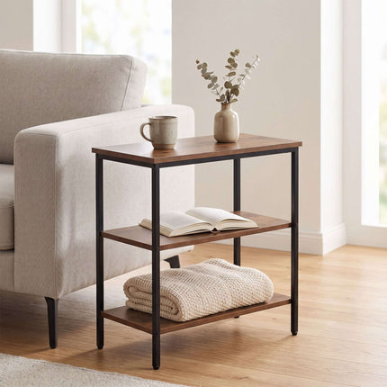 3-Tier Brown Side Table with Shelves, MDF & Metal