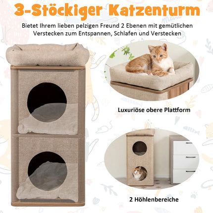3-Tier Cat Tower with Scratching Board and Mats, Beige