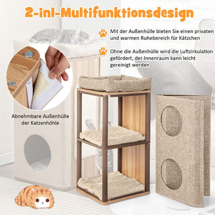 3-Tier Cat Tower with Scratching Board and Mats, Beige