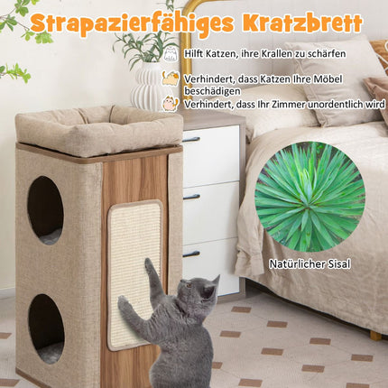 3-Tier Cat Tower with Scratching Board and Mats, Beige