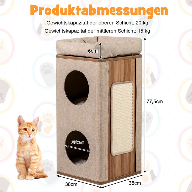 3-Tier Cat Tower with Scratching Board and Mats, Beige