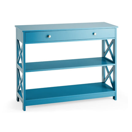 3-Tier Console Table with Drawer & Shelves, Blue