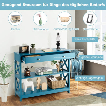 3-Tier Console Table with Drawer & Shelves, Blue