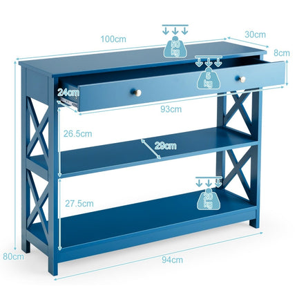 3-Tier Console Table with Drawer & Shelves, Blue