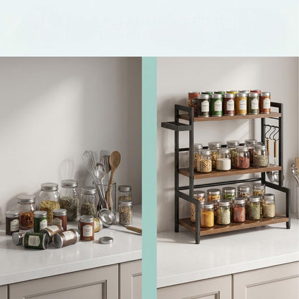 3-Tier Dark Brown Spice Rack with Hooks & Knife Holder