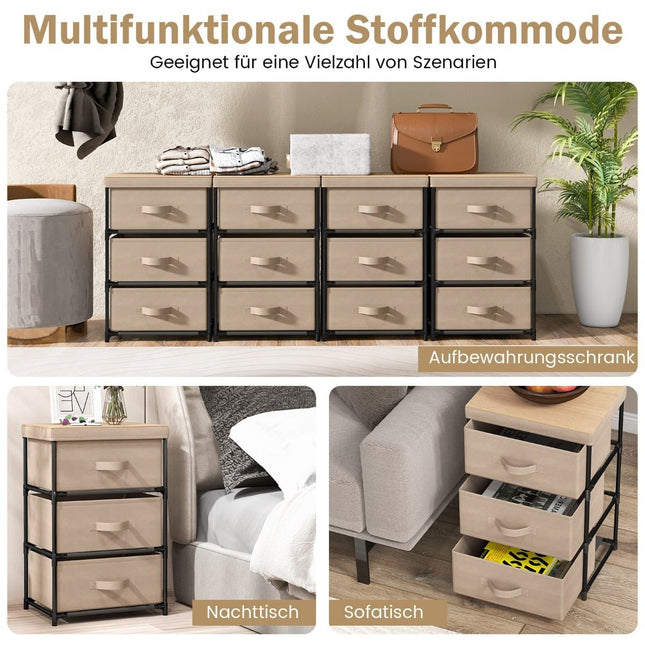 3-Tier Fabric Drawer Nightstand with Metal Frame, Brown