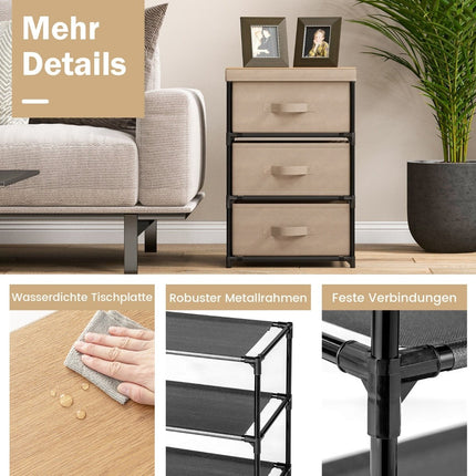 3-Tier Fabric Drawer Nightstand with Metal Frame, Brown