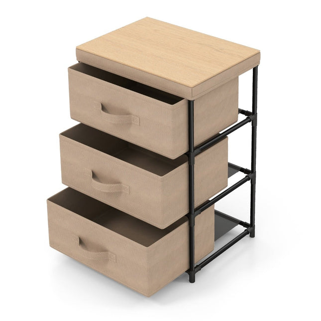 3-Tier Fabric Drawer Nightstand with Metal Frame, Brown