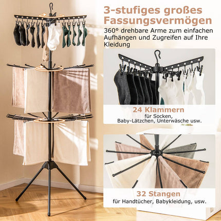 3-Tier Foldable Clothes Drying Rack, 178cm, Black