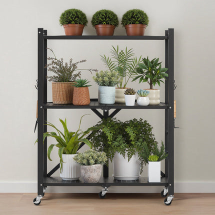 3-Tier Foldable Metal Storage Shelf, 28x13x36, Wheels and Hooks