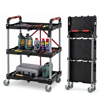 3-Tier Folding Utility Cart with Swivel Wheels and Brakes, Black, 90 kg Load